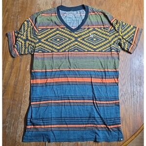 Y2K Hurley For Buckle AOP All Over Print Strip Tribal T Shirt Size Large V-neck